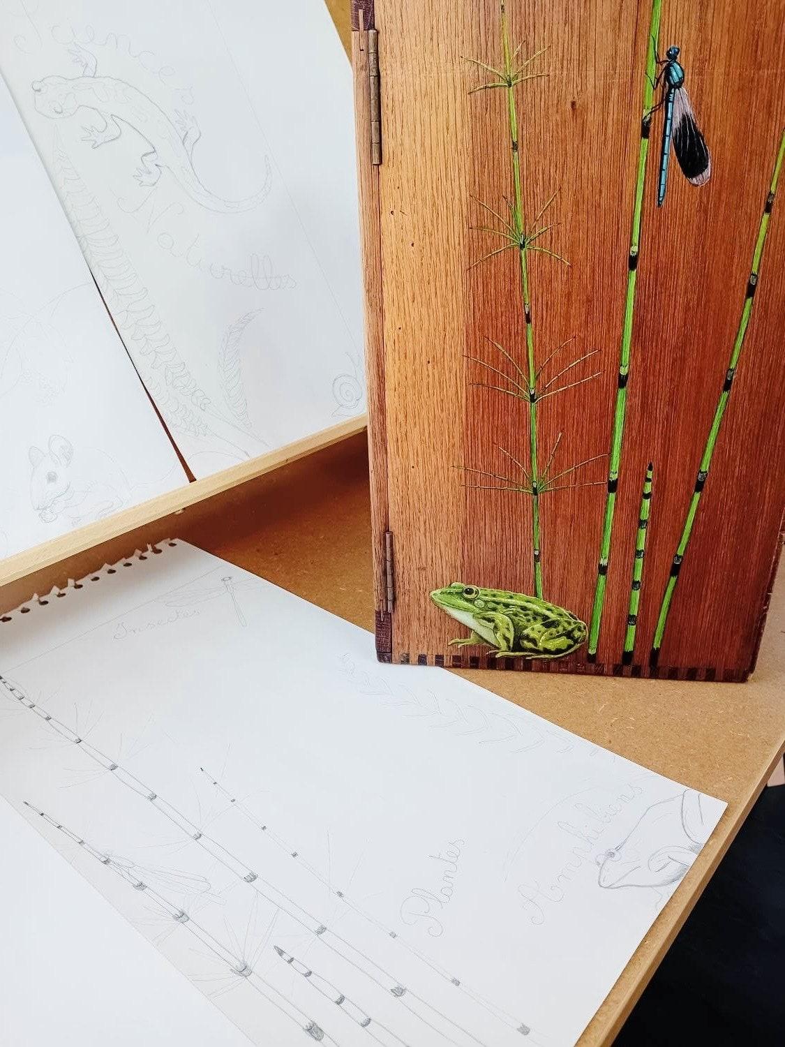Croquis préparatoire et coffret en bois décoré à la main